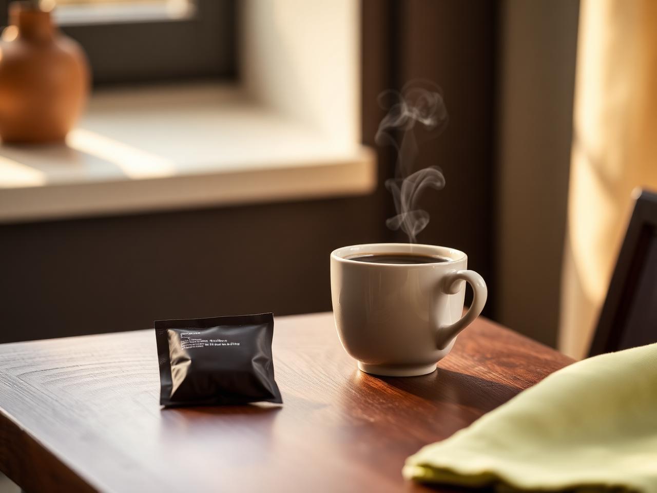 A cup of black coffee beside a single supplement sachet in morning light