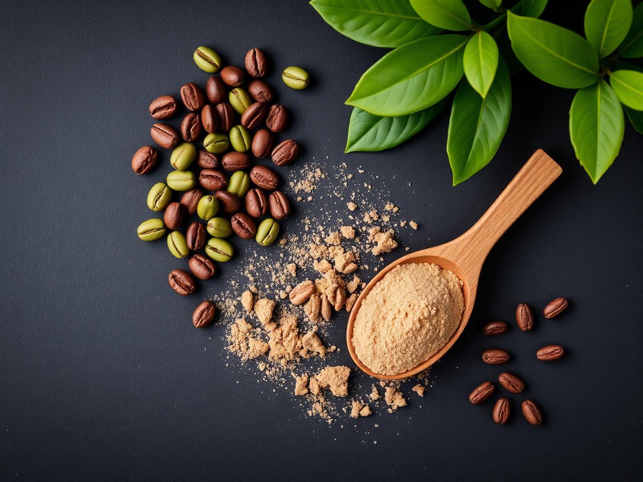 Green coffee beans, roasted beans, green tea leaves and a wooden spoon of fine powder